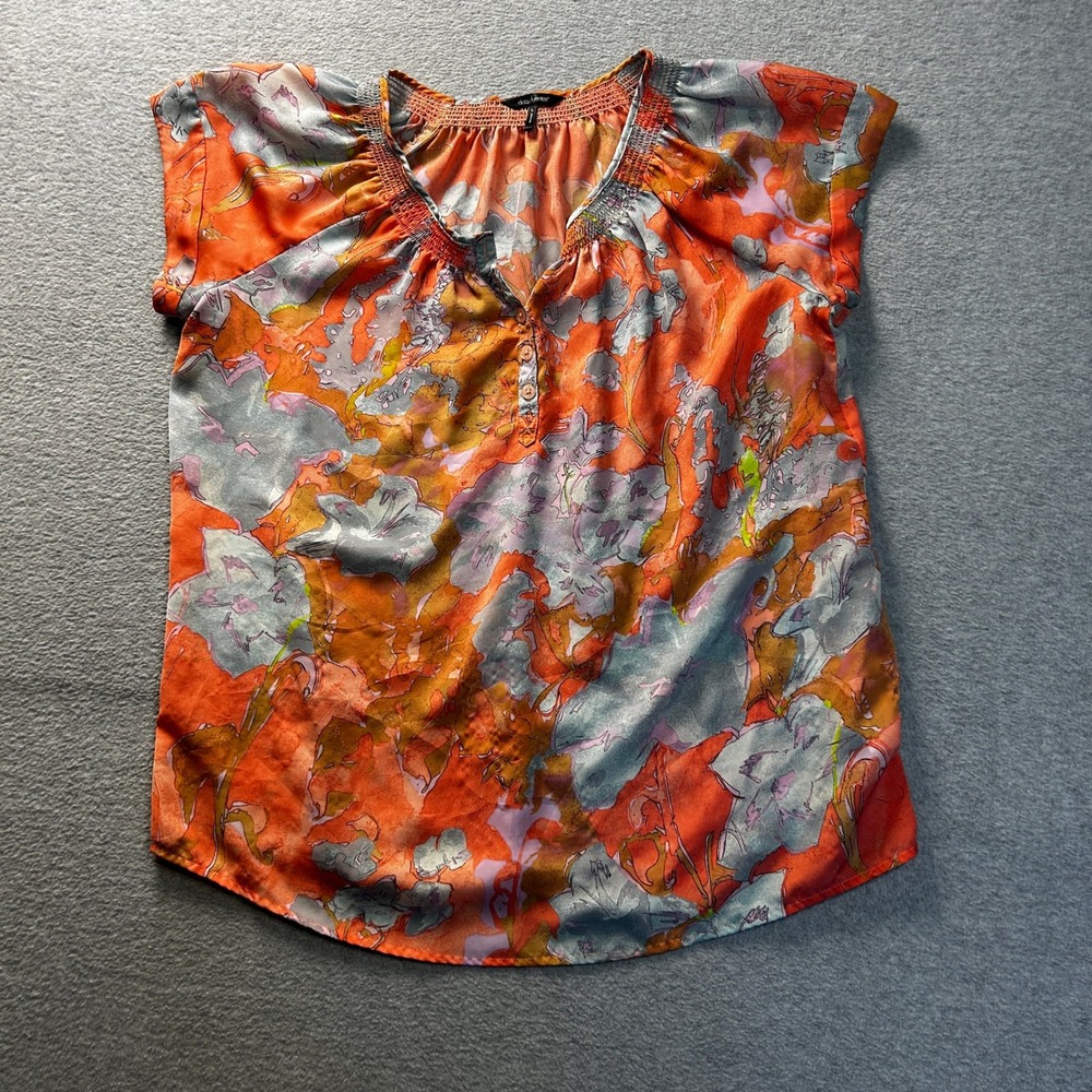 Boho Sheer Peasant Floral Blouse Womens Large Orange Flowy Top Daisy Fuentes